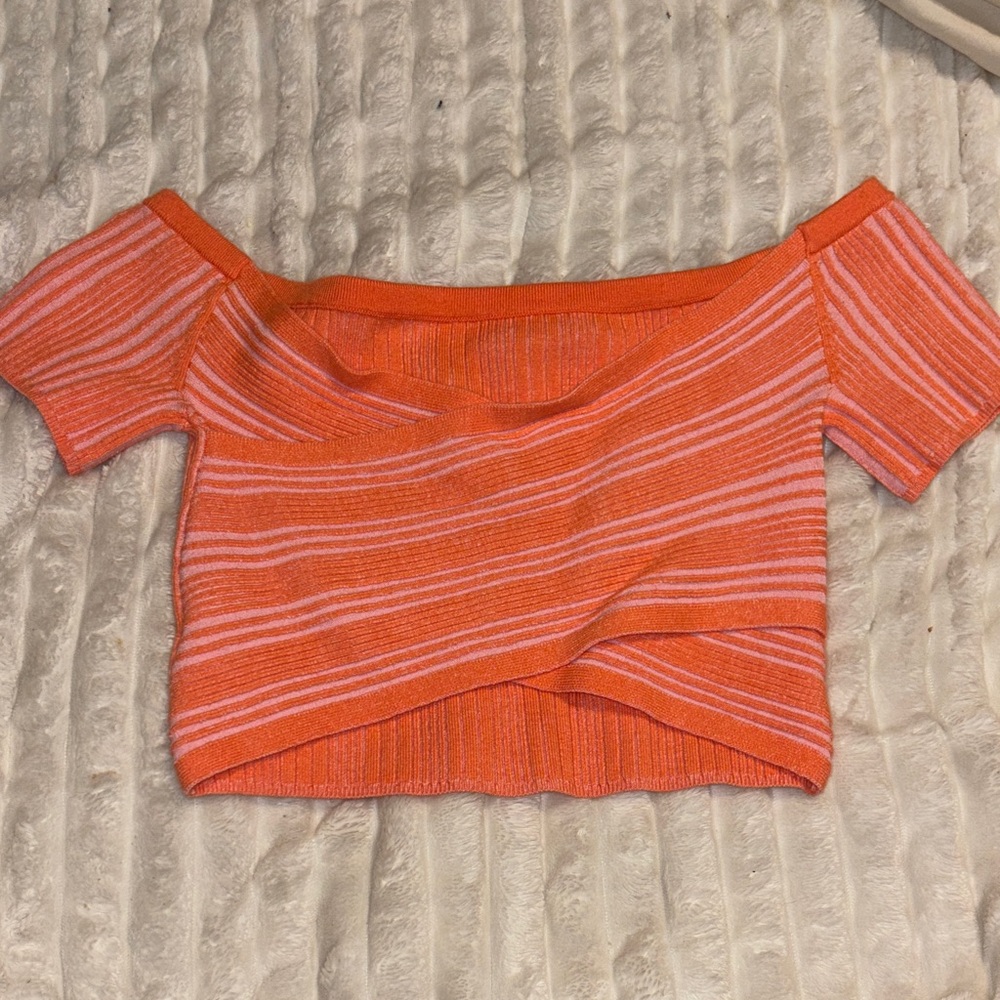 Aerie Orange and White Striped Off-Shoulder Top